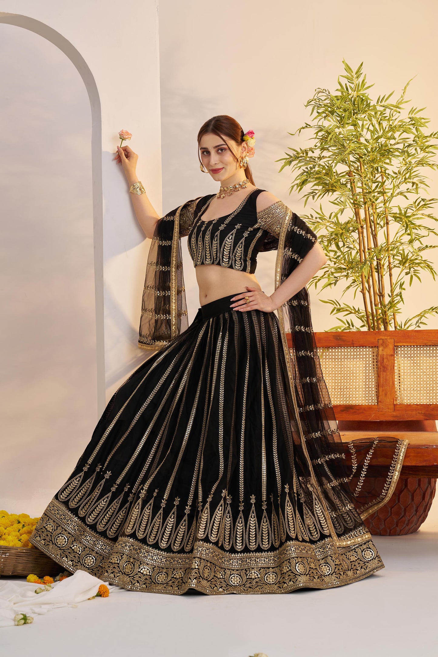 Black Butterfly Net Sequins & Tone to Tone Cotton Thread Work Wedding Guest Lehenga