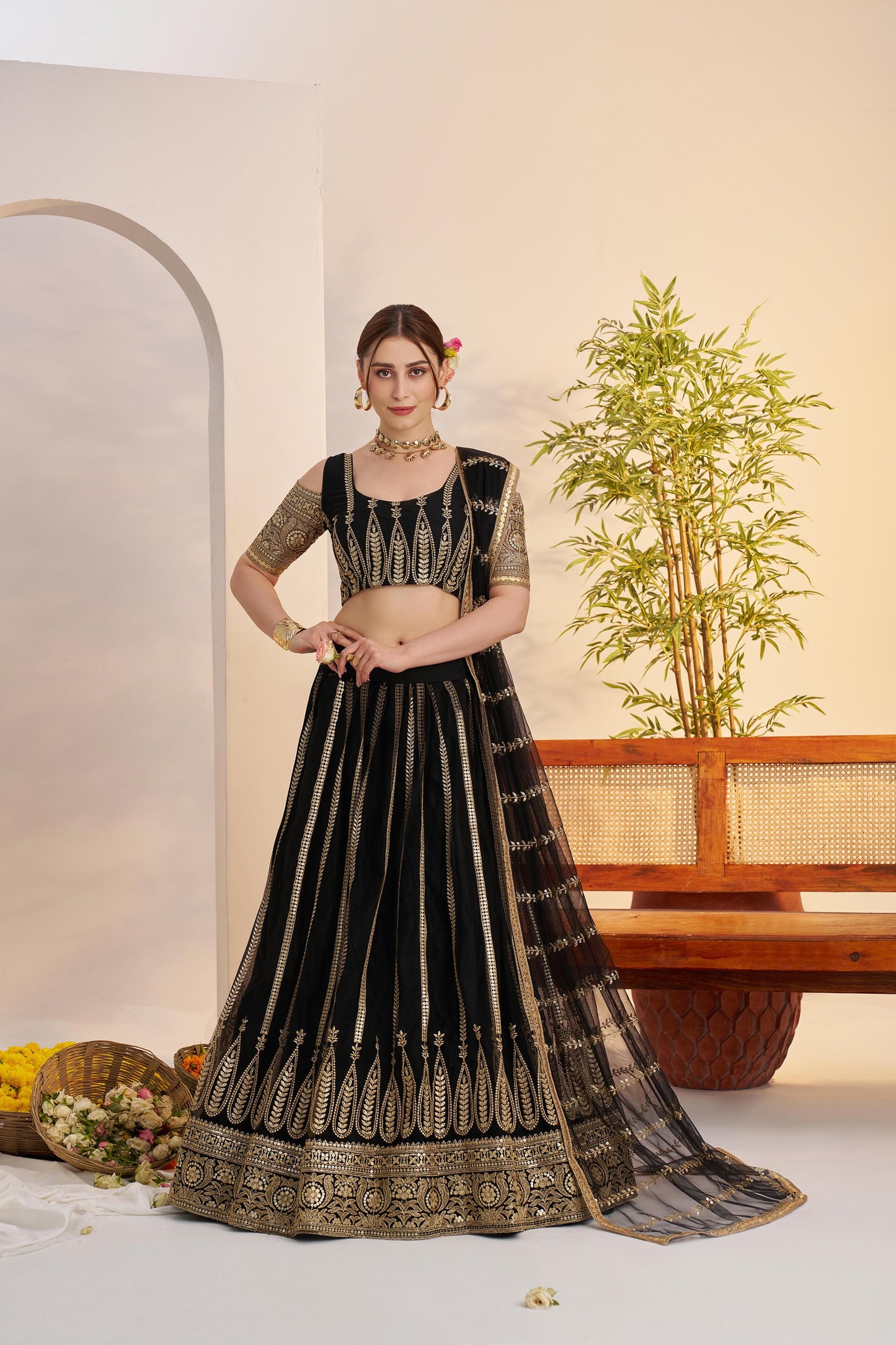 Black Butterfly Net Sequins & Tone to Tone Cotton Thread Work Wedding Guest Lehenga