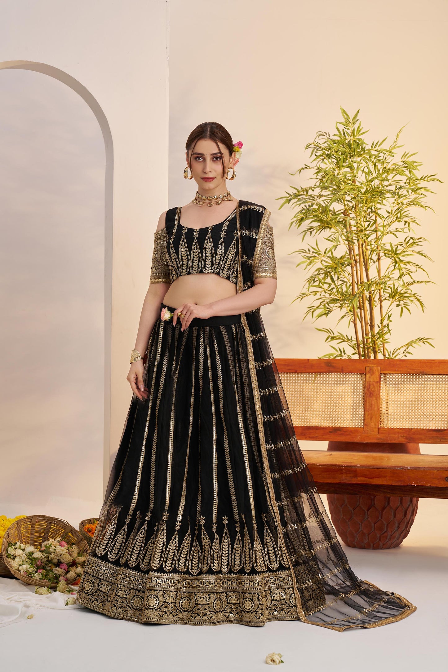Black Butterfly Net Sequins & Tone to Tone Cotton Thread Work Wedding Guest Lehenga