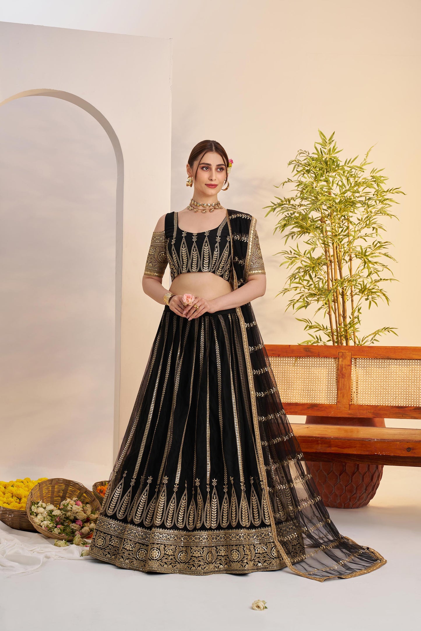 Black Butterfly Net Sequins & Tone to Tone Cotton Thread Work Wedding Guest Lehenga