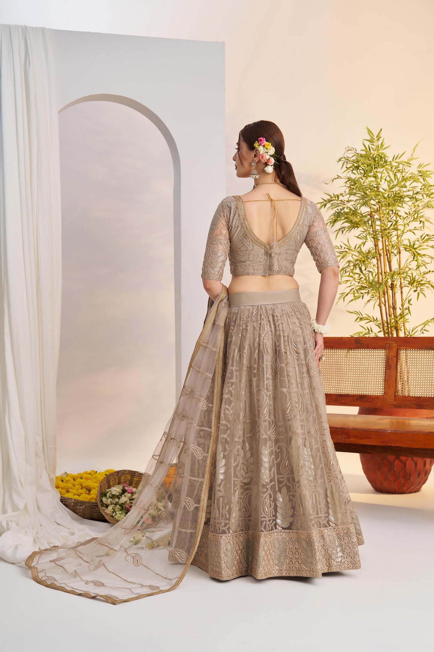 Metallic Grey Butterfly Net Sequins & Tone to Tone Cotton Thread Work Wedding Guest Lehenga