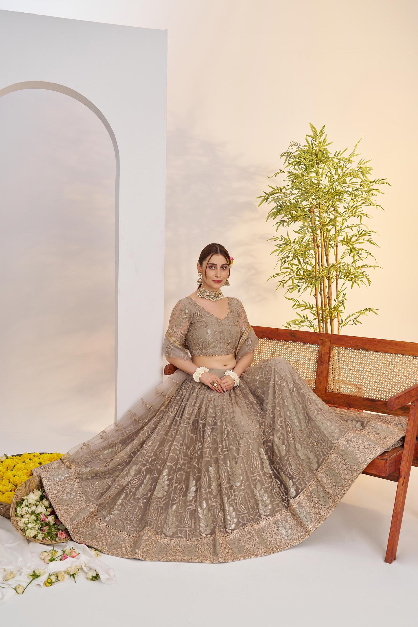 Metallic Grey Butterfly Net Sequins & Tone to Tone Cotton Thread Work Wedding Guest Lehenga