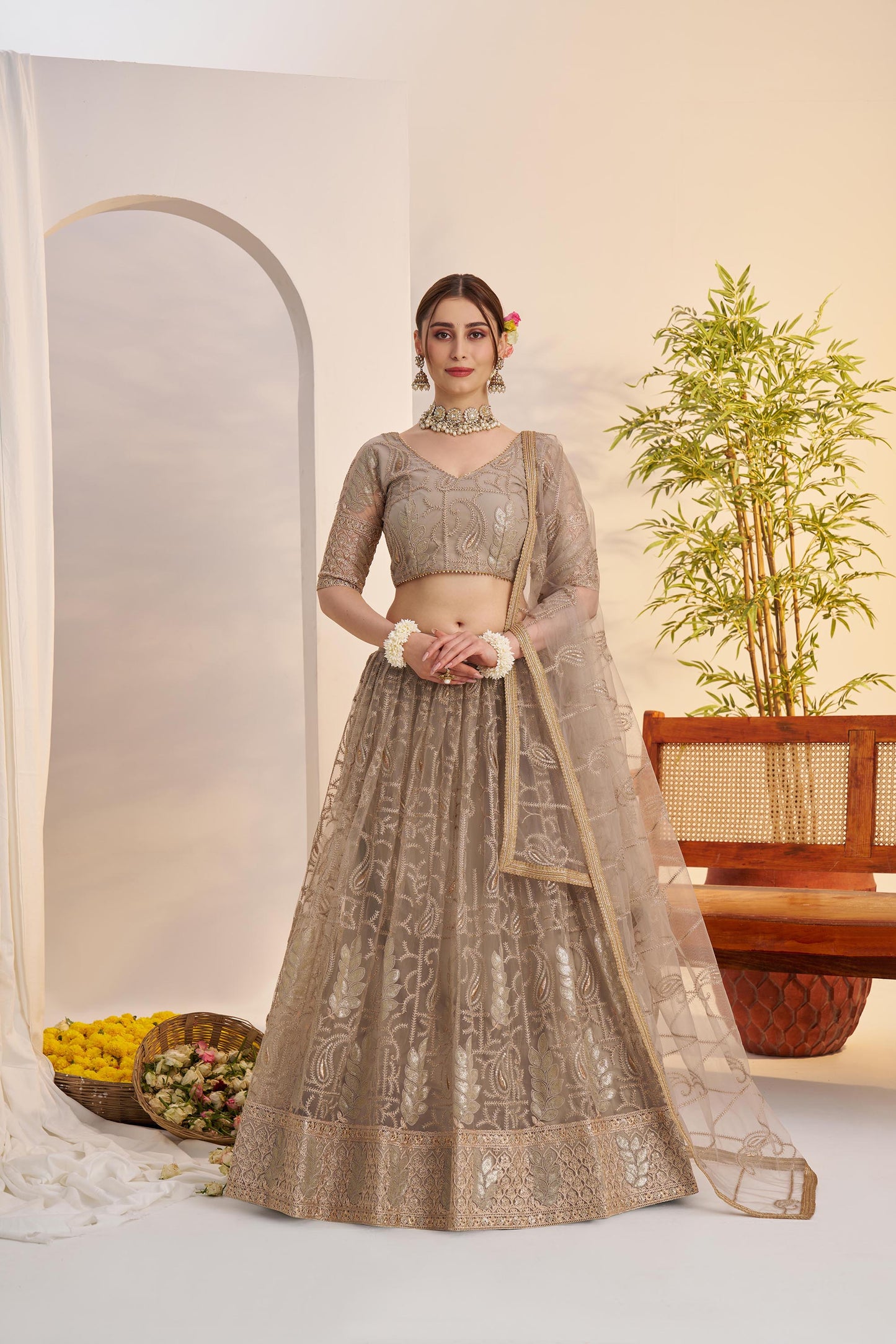 Metallic Grey Butterfly Net Sequins & Tone to Tone Cotton Thread Work Wedding Guest Lehenga