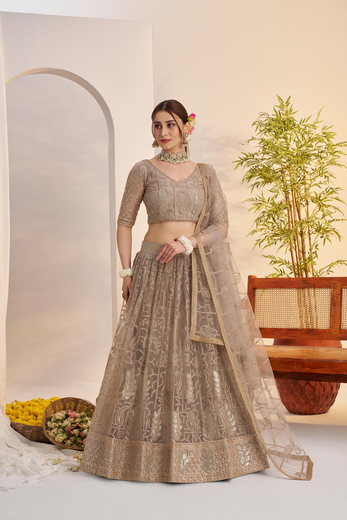 Metallic Grey Butterfly Net Sequins & Tone to Tone Cotton Thread Work Wedding Guest Lehenga