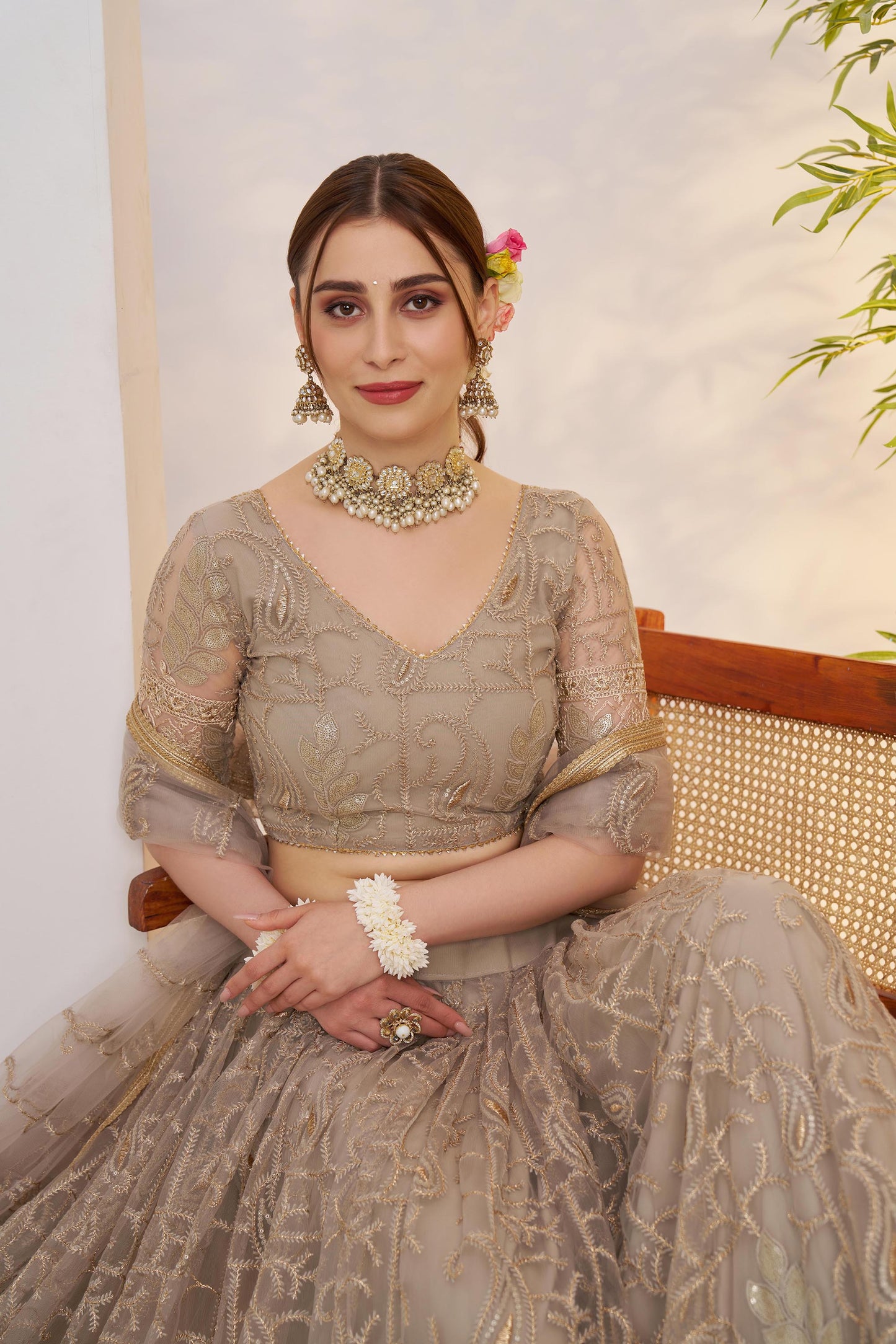 Metallic Grey Butterfly Net Sequins & Tone to Tone Cotton Thread Work Wedding Guest Lehenga