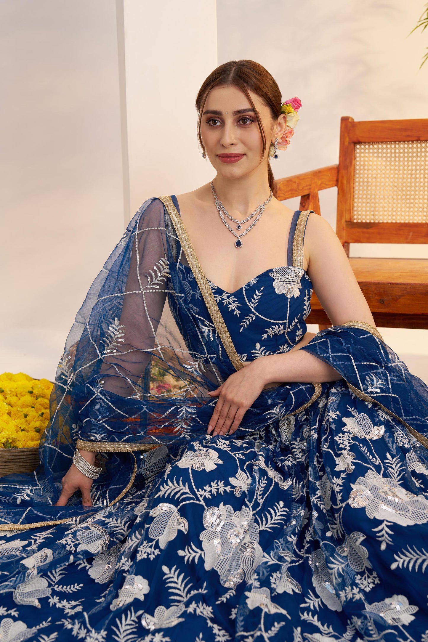 Royal Blue Butterfly Net Sequins & Tone to Tone Cotton Thread Work Sangeet Lehenga