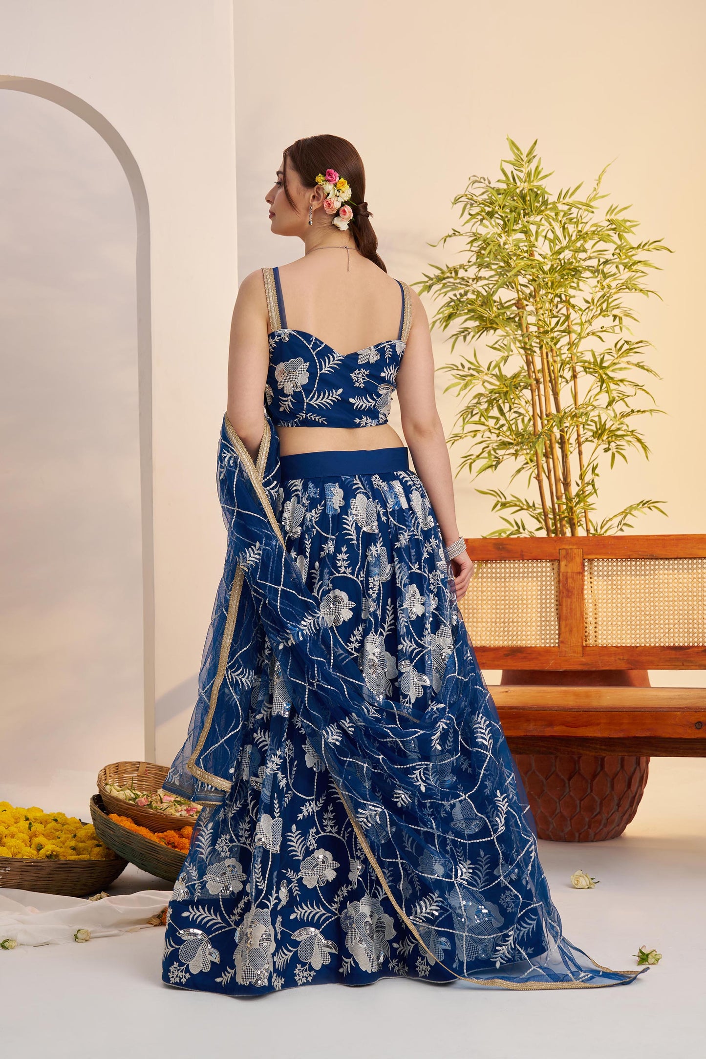 Royal Blue Butterfly Net Sequins & Tone to Tone Cotton Thread Work Sangeet Lehenga