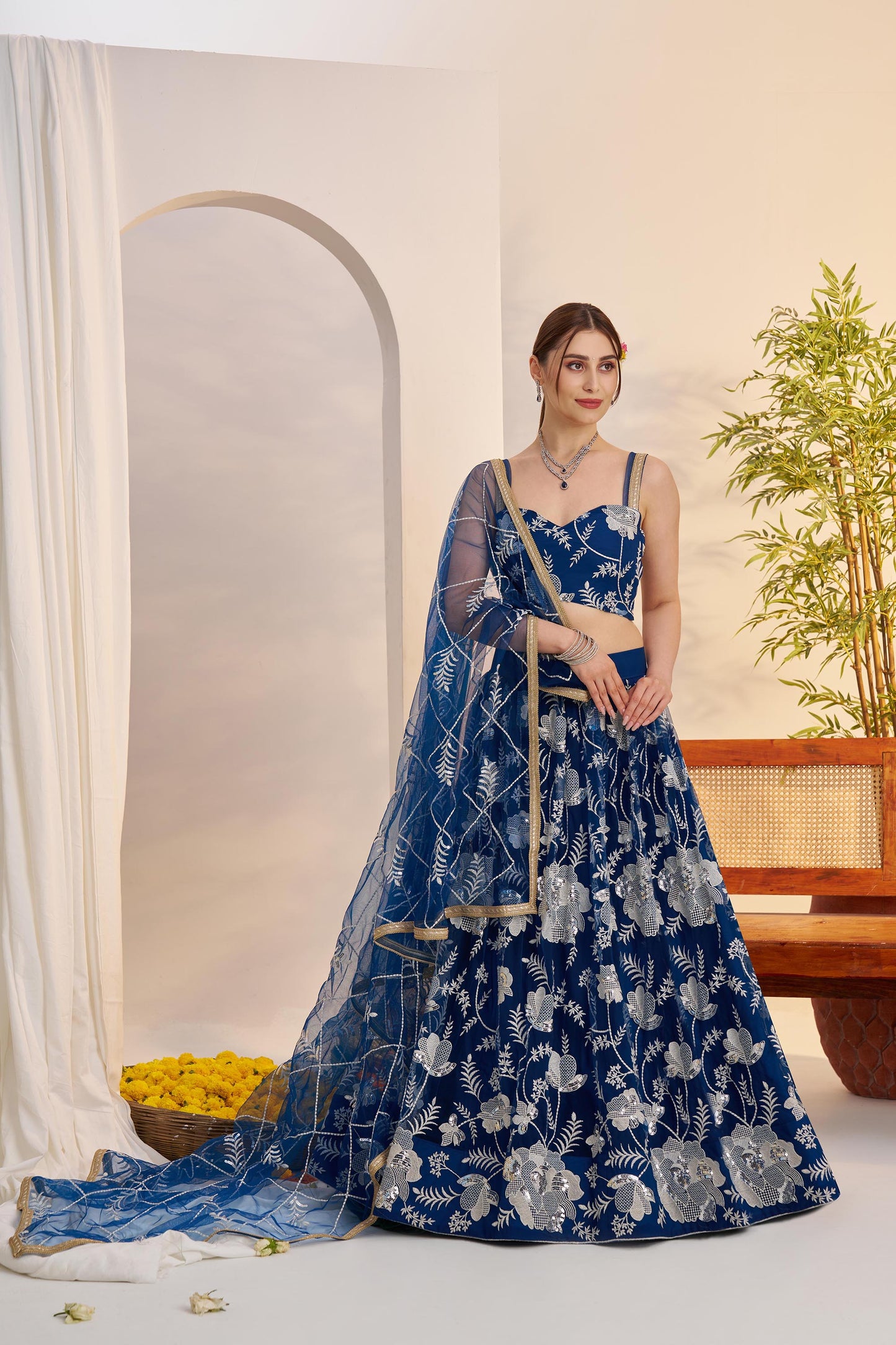 Royal Blue Butterfly Net Sequins & Tone to Tone Cotton Thread Work Sangeet Lehenga