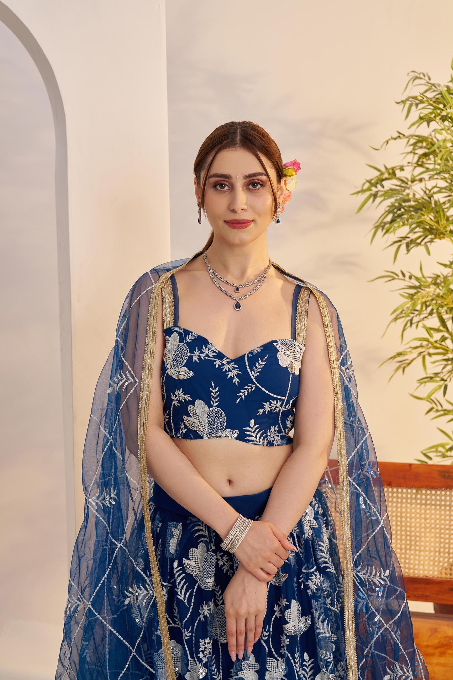 Royal Blue Butterfly Net Sequins & Tone to Tone Cotton Thread Work Sangeet Lehenga