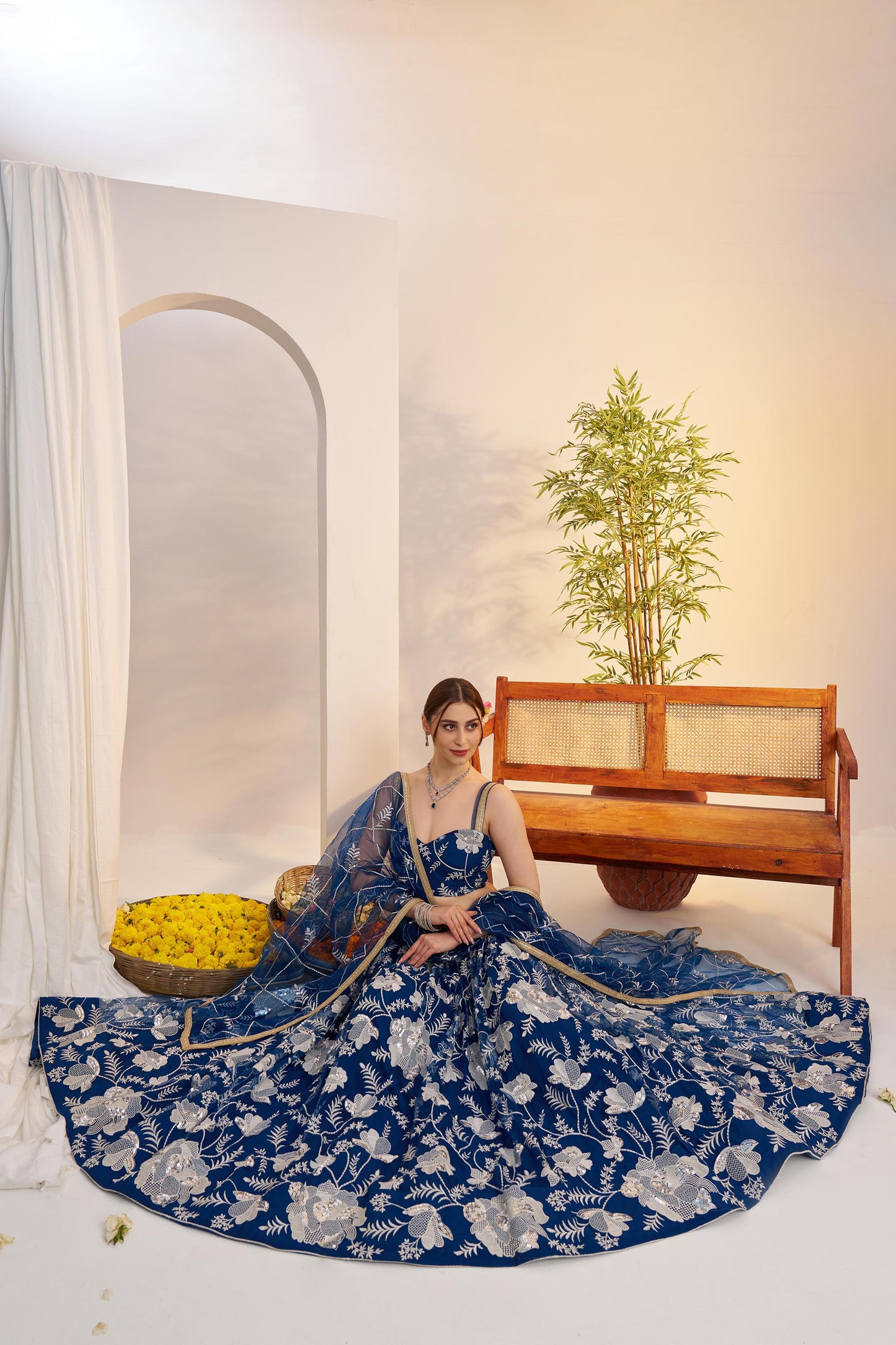 Royal Blue Butterfly Net Sequins & Tone to Tone Cotton Thread Work Sangeet Lehenga