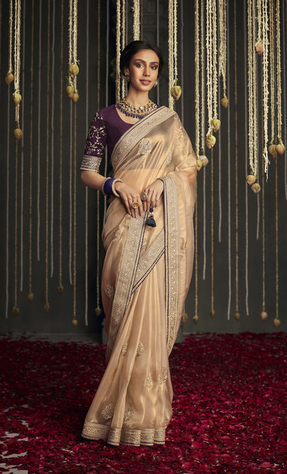 light gold or champagne Glass Tissue Silk Embroidery Work Kajal H Saree