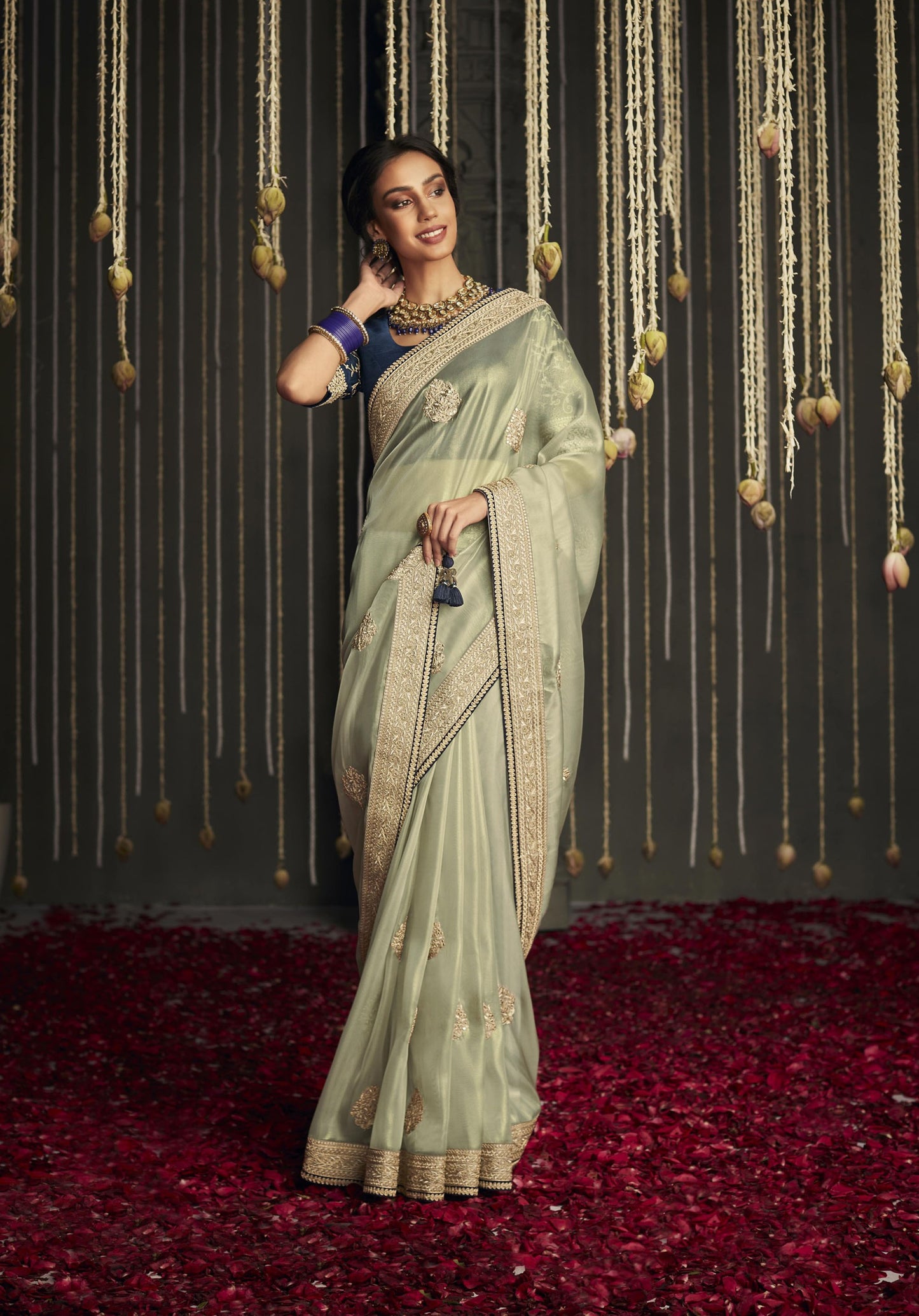 sage green Glass Tissue Silk Embroidery Work Kajal H Saree