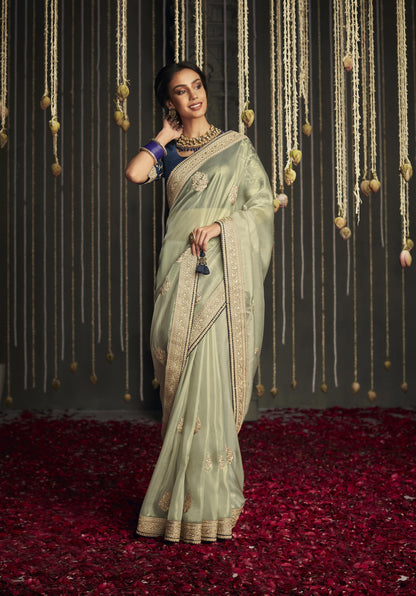 sage green Glass Tissue Silk Embroidery Work Kajal H Saree