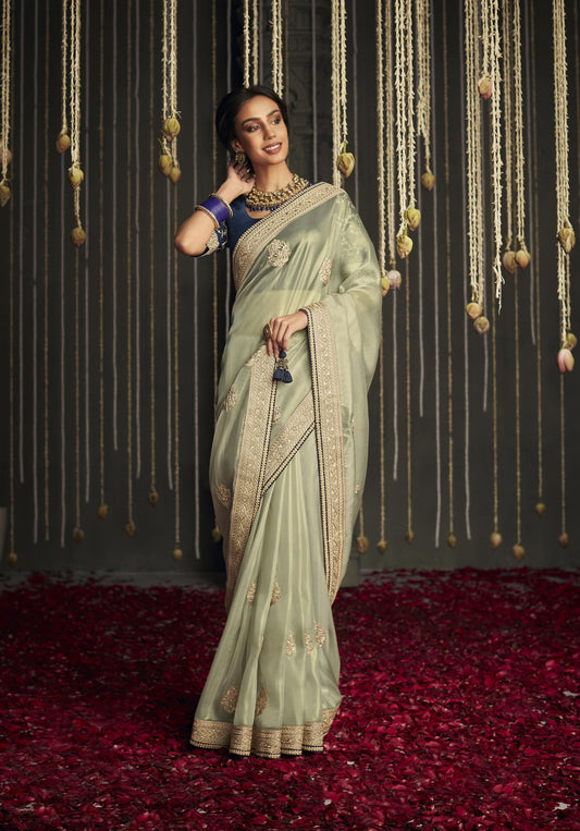 sage green Glass Tissue Silk Embroidery Work Kajal H Saree