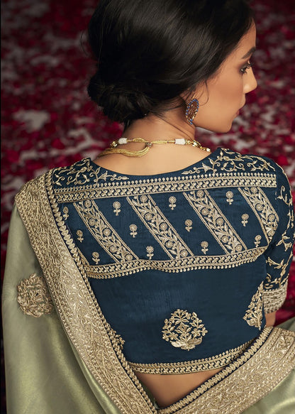 sage green Glass Tissue Silk Embroidery Work Kajal H Saree