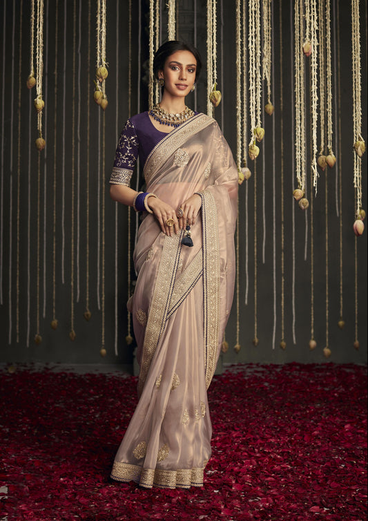 Mauve Glass Tissue Silk Embroidery Work Kajal H Saree