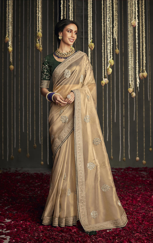 Gold Glass Tissue Silk Embroidery Work Kajal H Saree