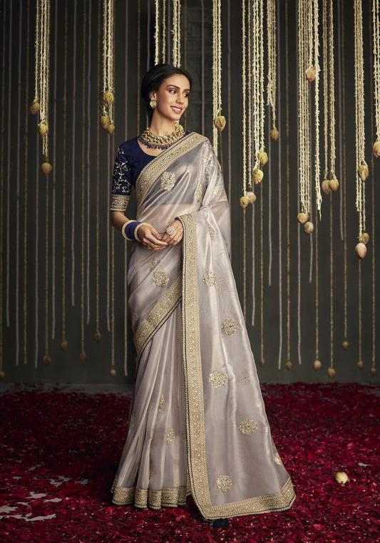Greyish Silver Glass Tissue Silk Embroidery Work Kajal H Saree