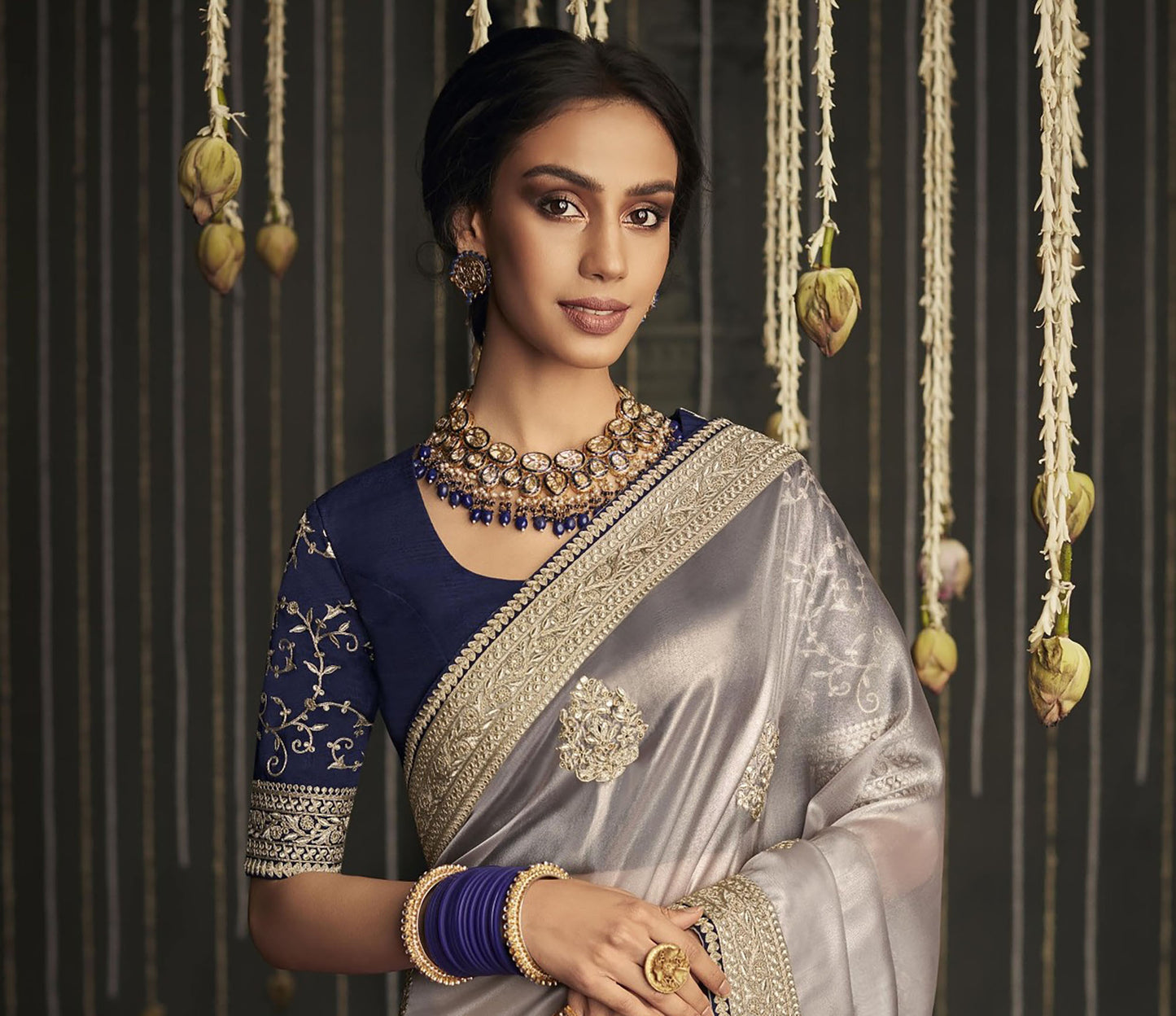 Greyish Silver Glass Tissue Silk Embroidery Work Kajal H Saree