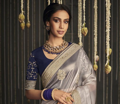 Greyish Silver Glass Tissue Silk Embroidery Work Kajal H Saree