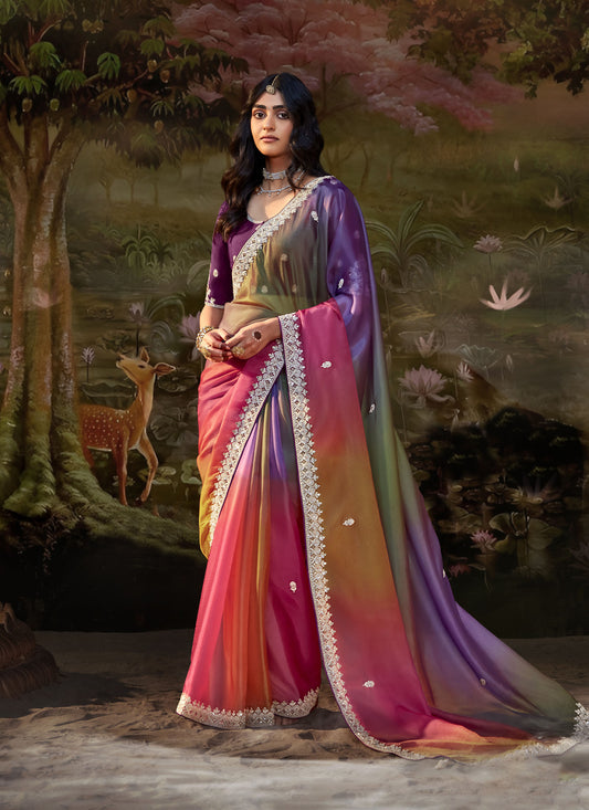 Multi colored Embroidered Kajal Wedding Saree