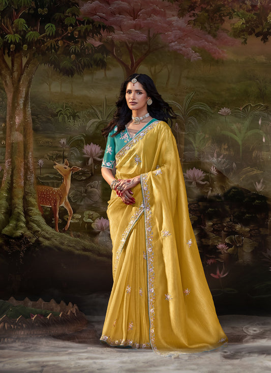 Mustard Yellow Embroidered Kajal Wedding Saree