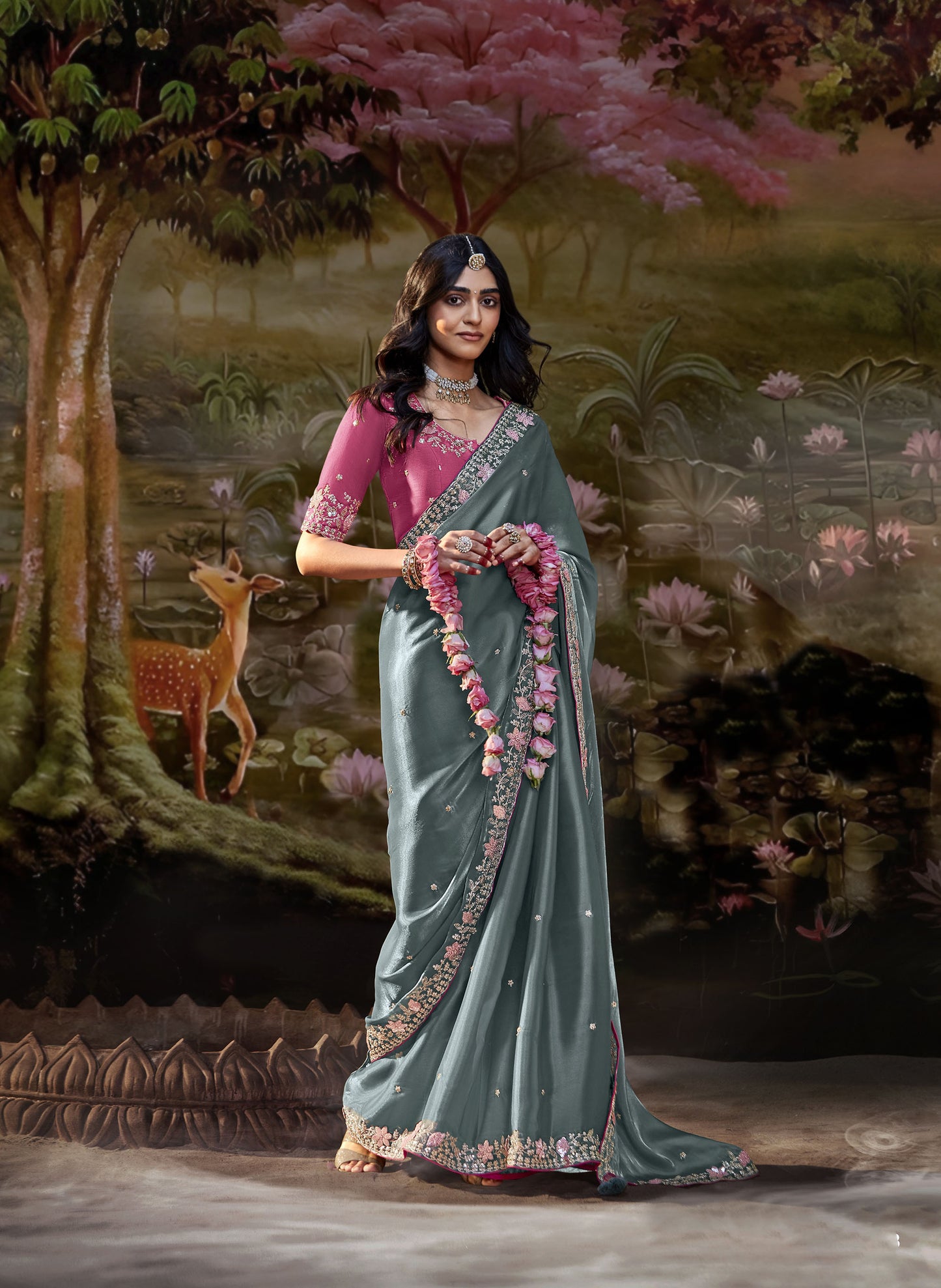 Slate Gray Embroidered Kajal Wedding Saree