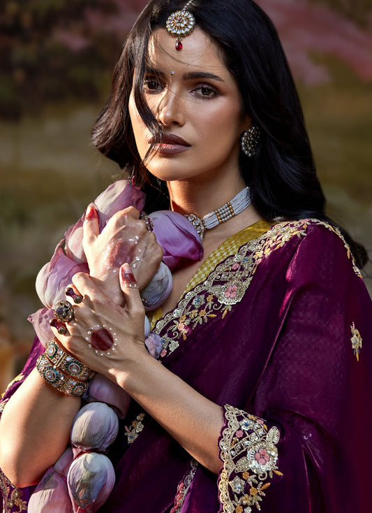 Plum Purple Embroidered Kajal Wedding Saree