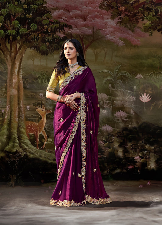 Plum Purple Embroidered Kajal Wedding Saree