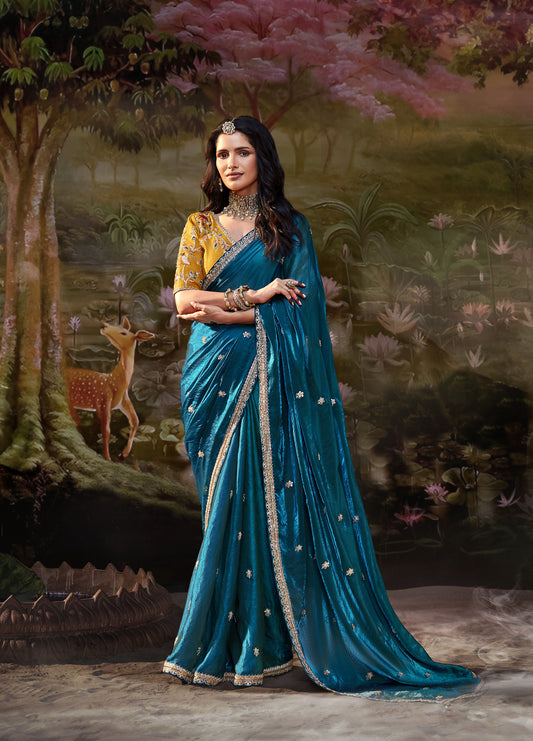 Peacock Blue Embroidered Kajal Wedding Saree