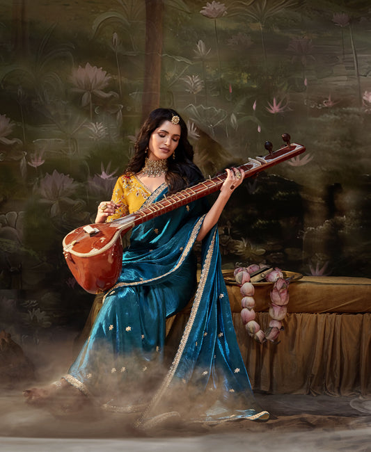 Peacock Blue Embroidered Kajal Wedding Saree