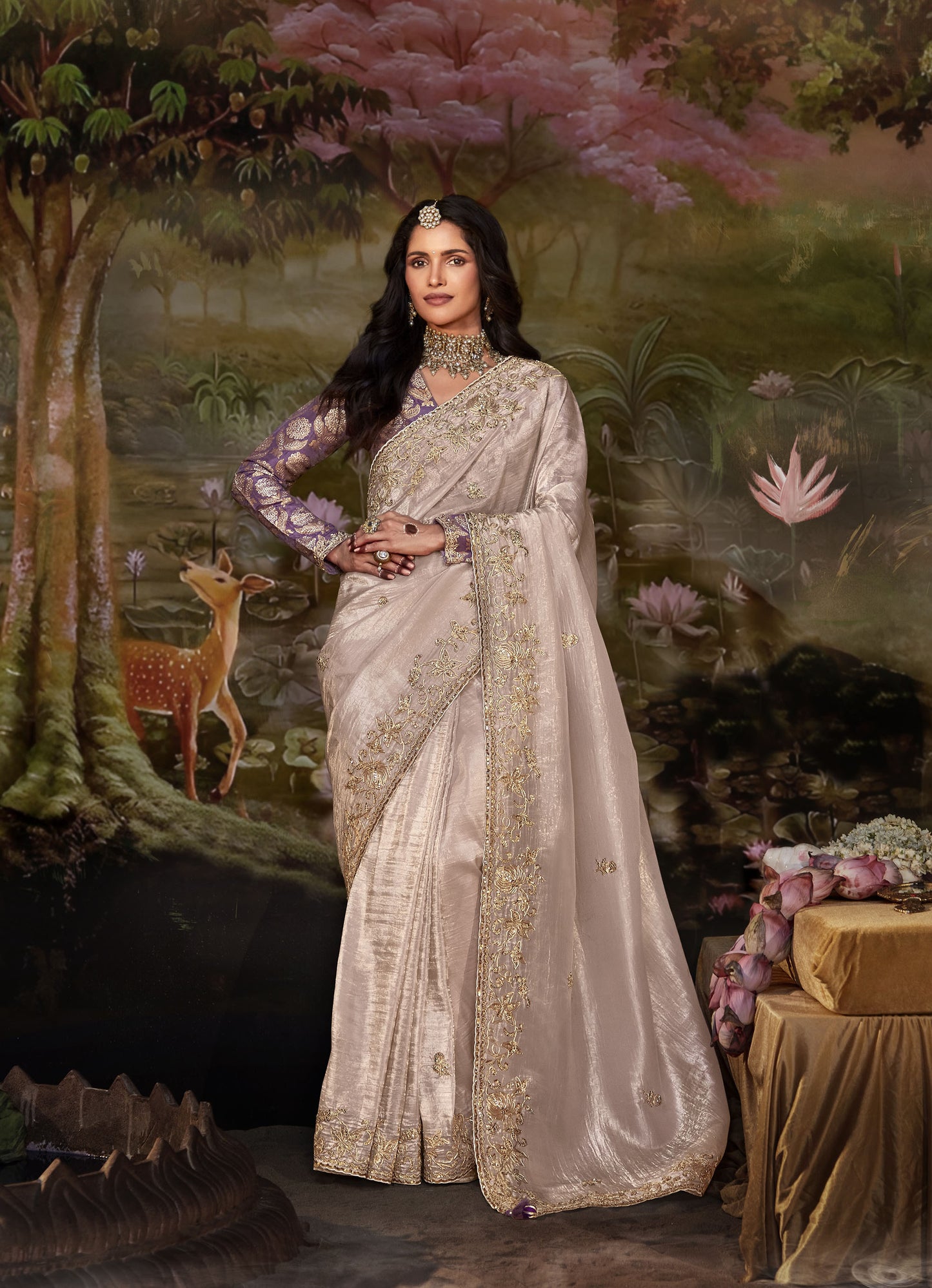 Beige Embroidered Kajal Wedding Saree