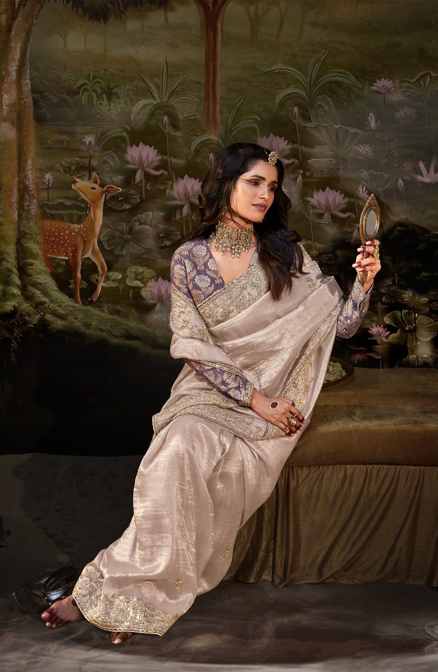 Beige Embroidered Kajal Wedding Saree