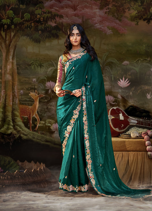 Emerald Green Embroidered Kajal Wedding Saree