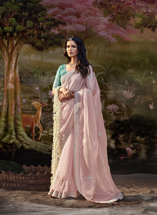 Blush Pink Embroidered Kajal Wedding Saree