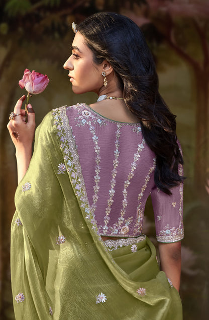 Pistachio Green Embroidered Kajal Wedding Saree