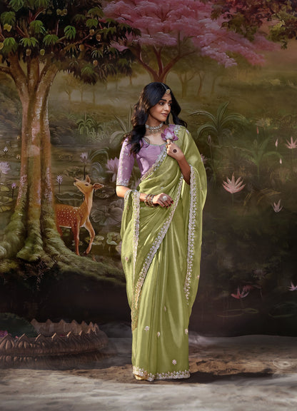 Pistachio Green Embroidered Kajal Wedding Saree