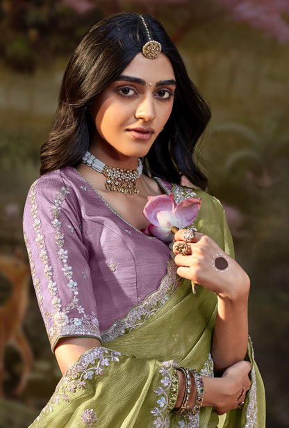 Pistachio Green Embroidered Kajal Wedding Saree