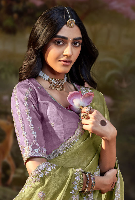 Pistachio Green Embroidered Kajal Wedding Saree