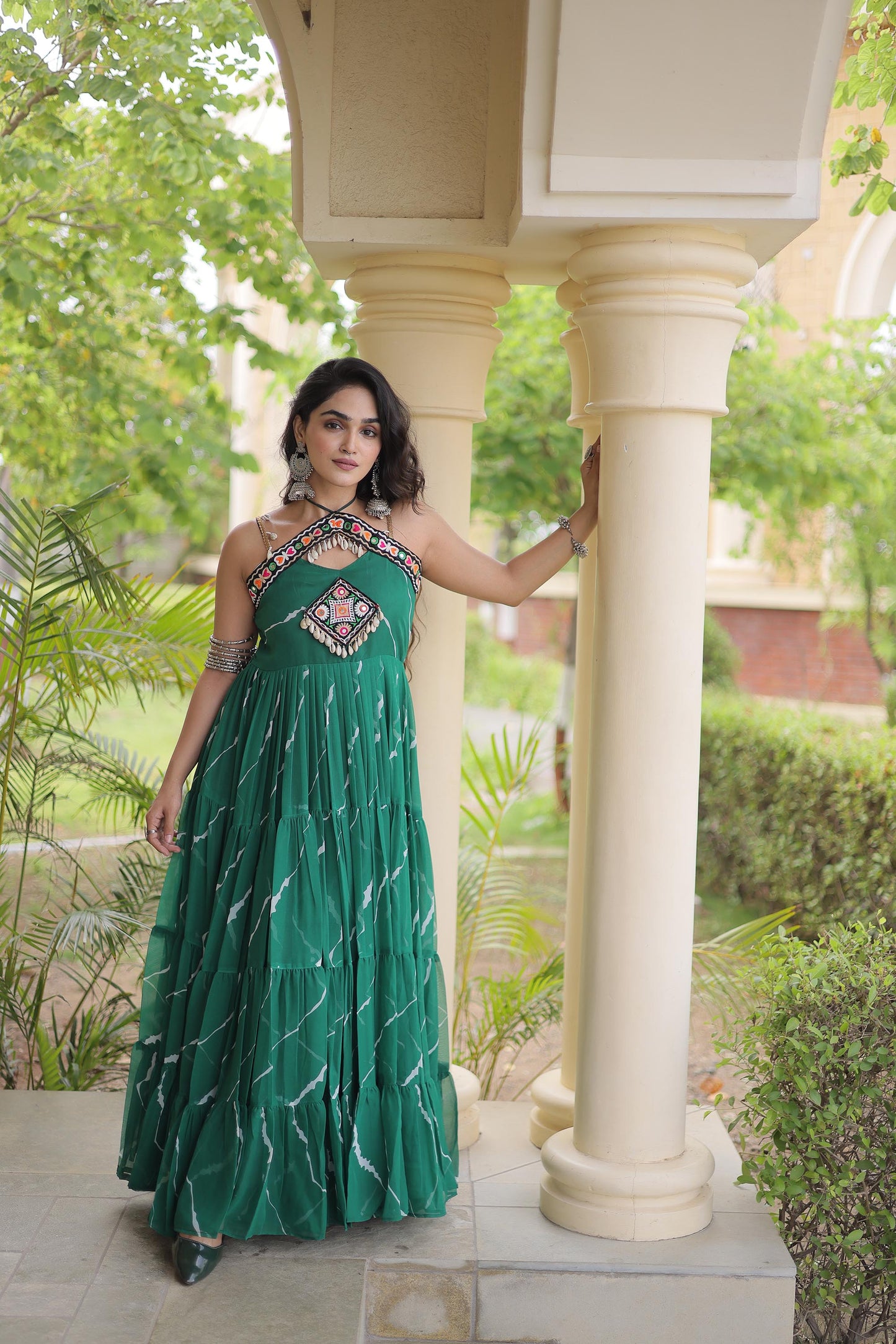 Sea Green Faux Georgette Lehariya Print & Kutchi Patchwork Navratri Gown