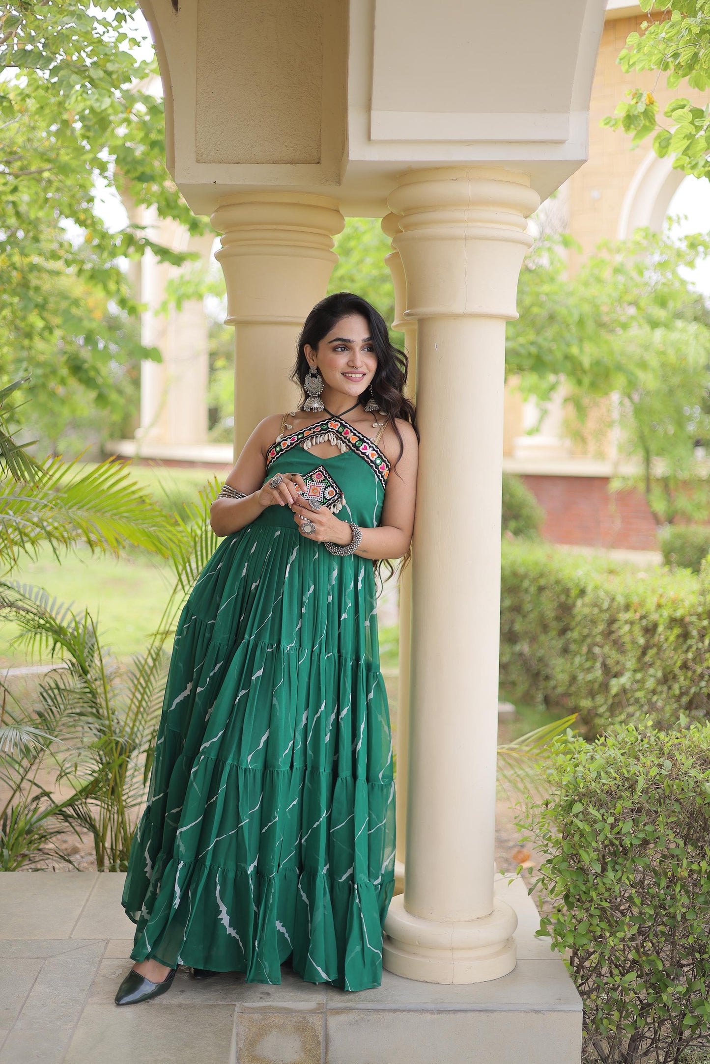 Sea Green Faux Georgette Lehariya Print & Kutchi Patchwork Navratri Gown