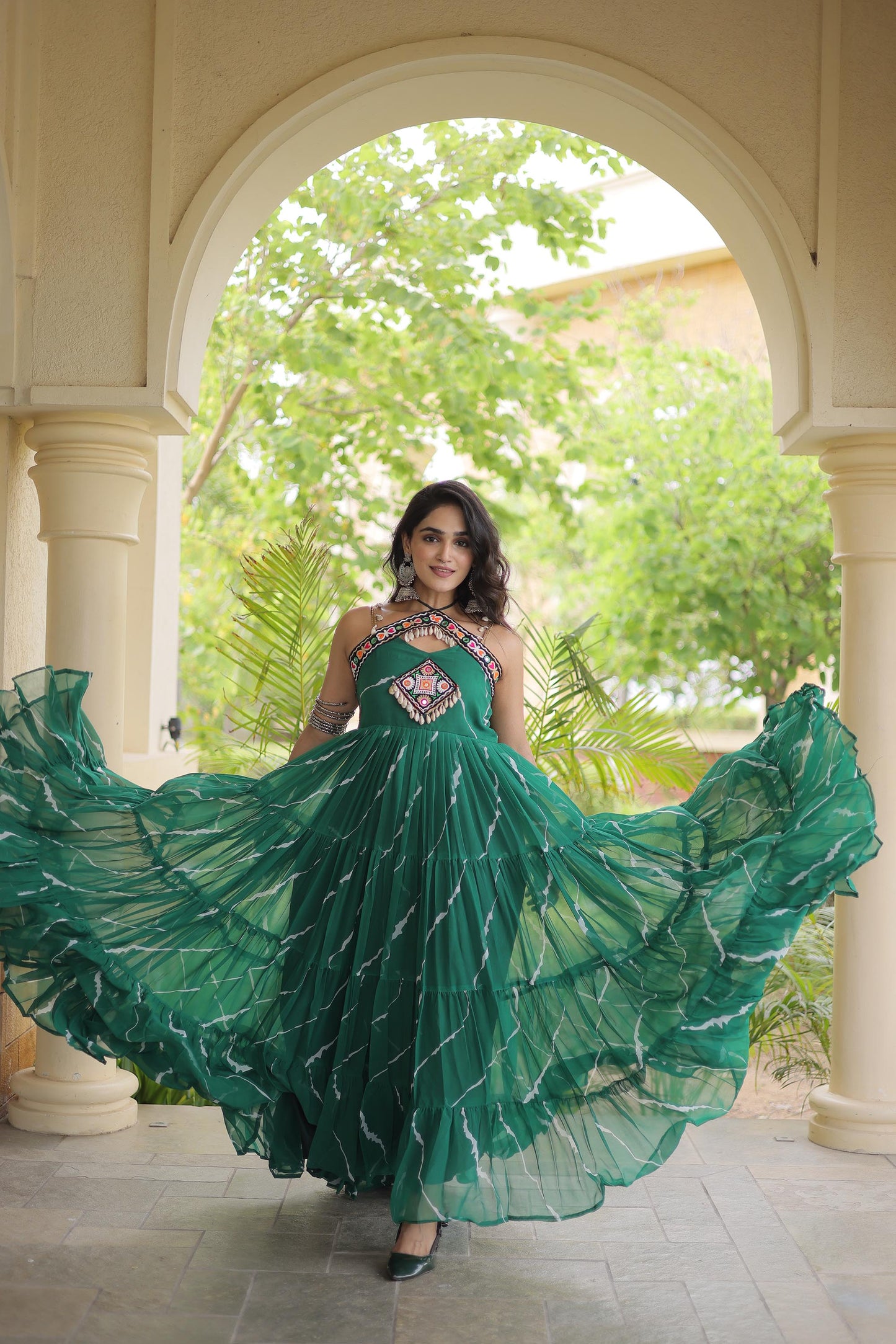 Sea Green Faux Georgette Lehariya Print & Kutchi Patchwork Navratri Gown