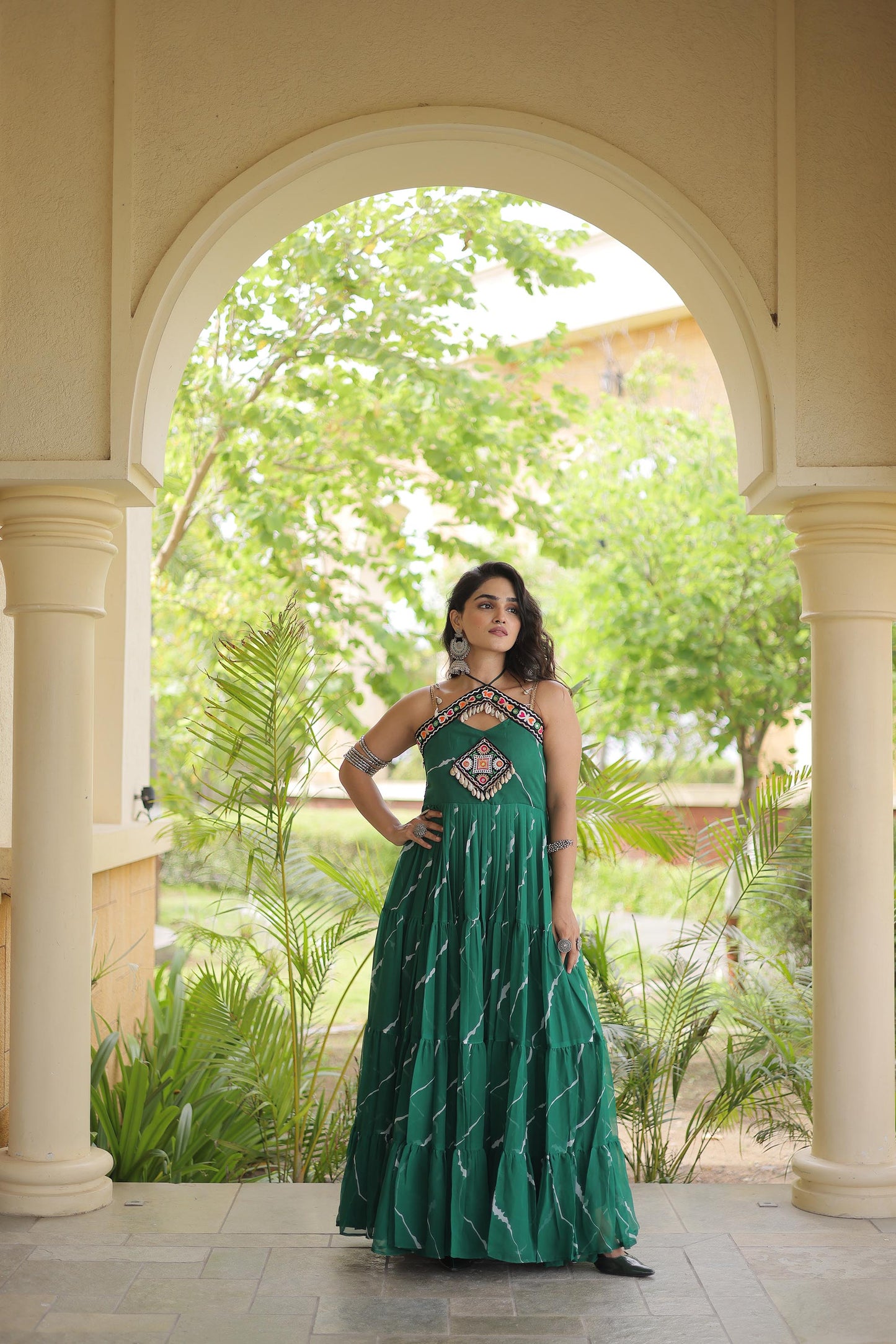 Sea Green Faux Georgette Lehariya Print & Kutchi Patchwork Navratri Gown