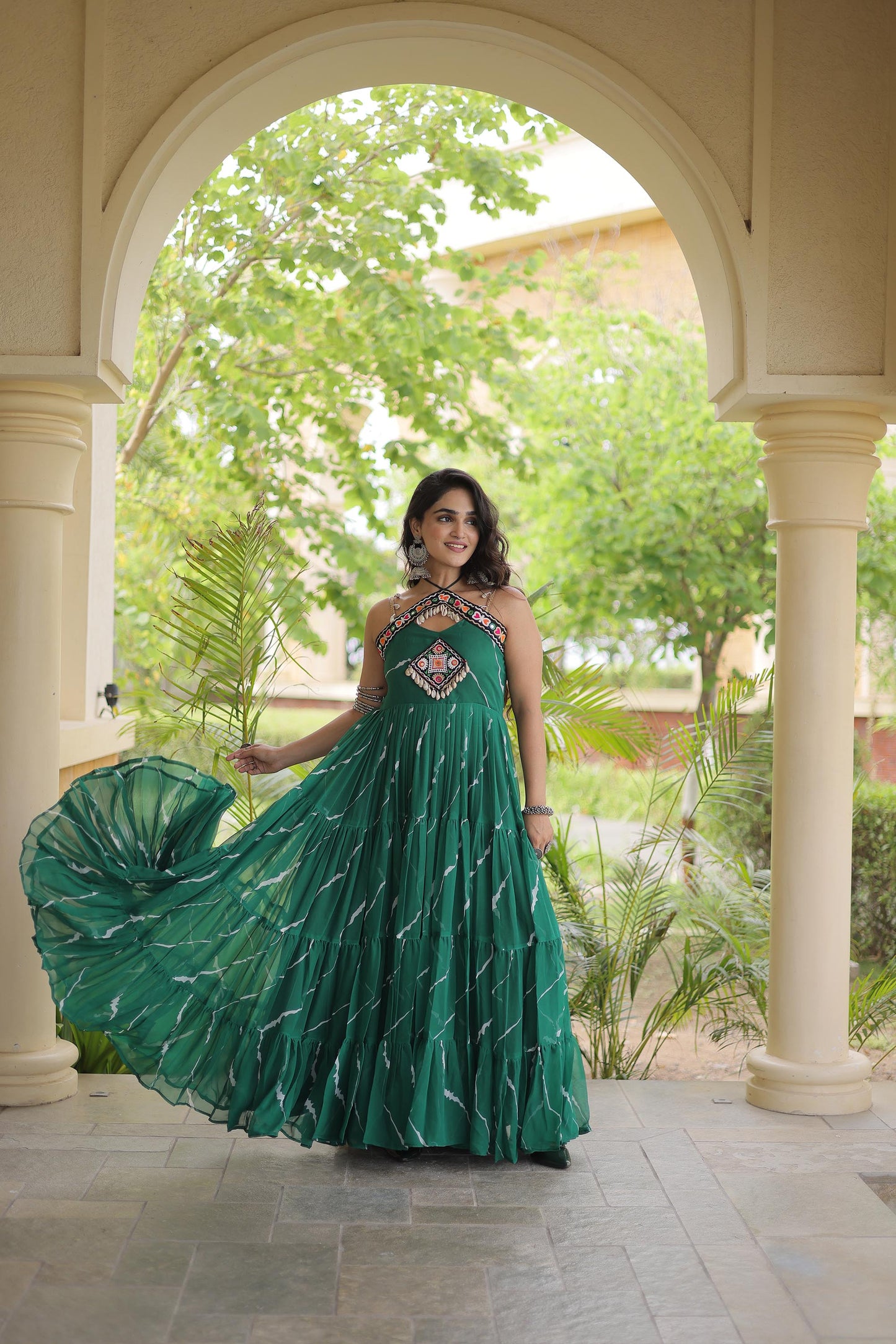 Sea Green Faux Georgette Lehariya Print & Kutchi Patchwork Navratri Gown