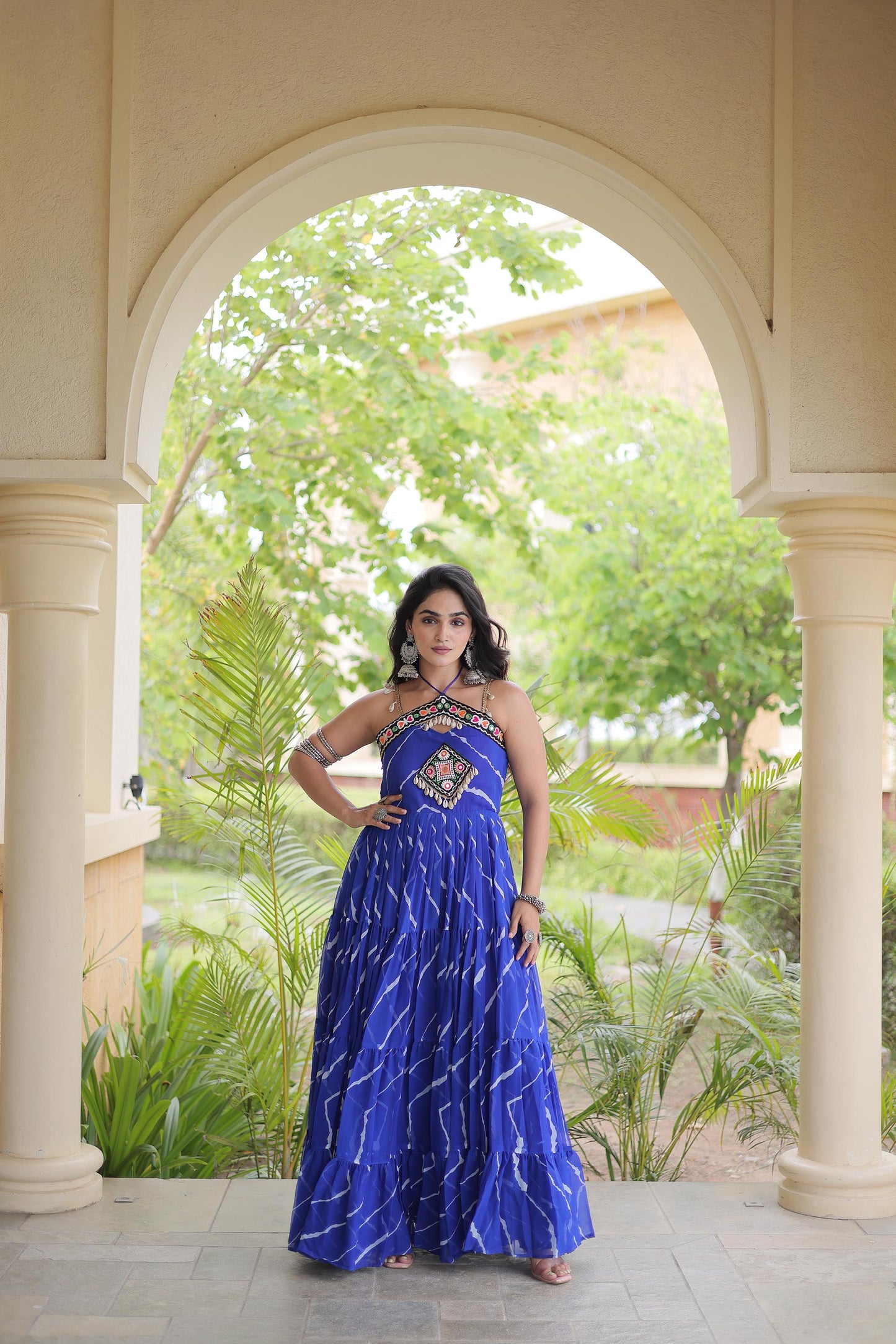 Navy Blue Faux Georgette Lehariya Print & Kutchi Patchwork Navratri Gown
