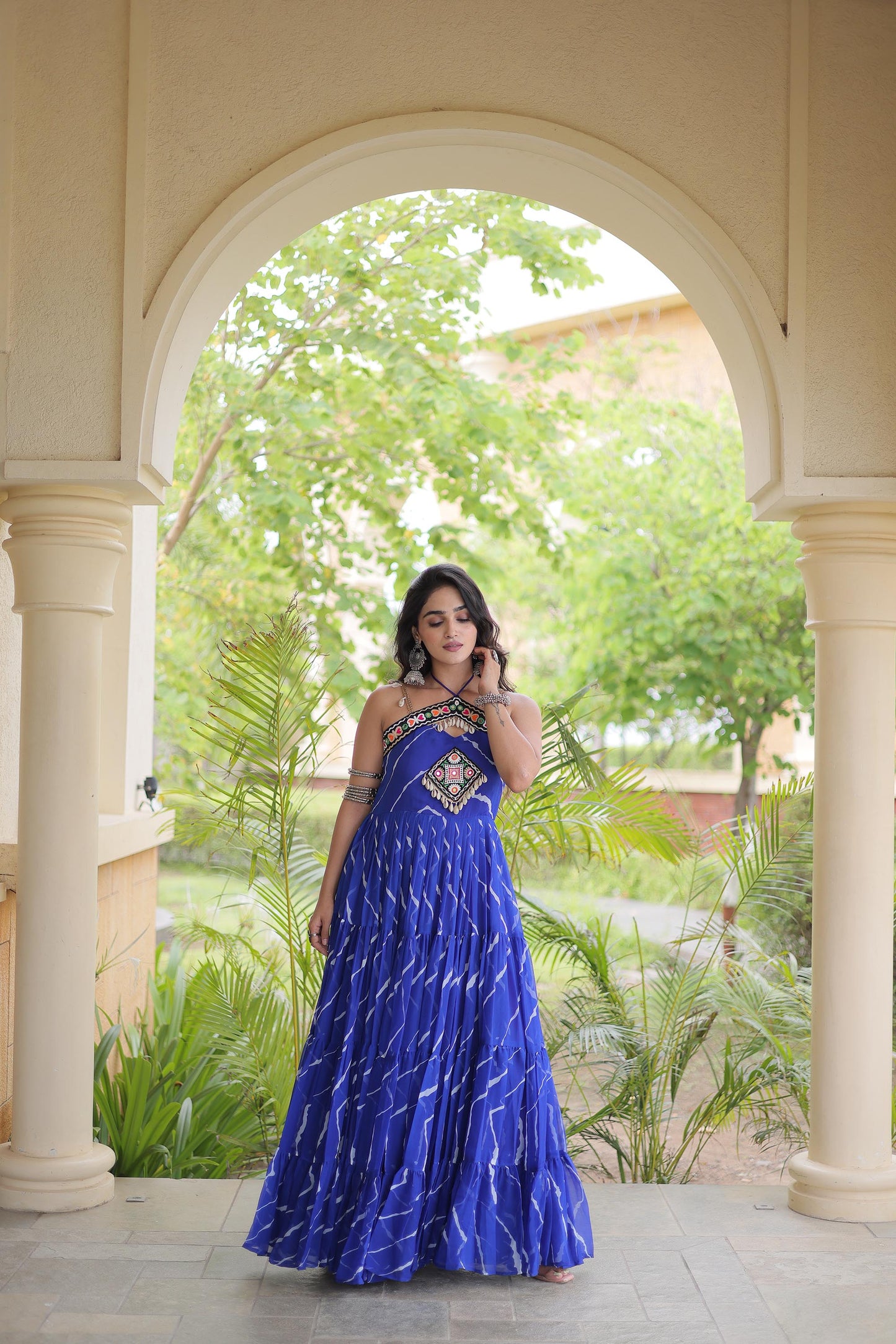 Navy Blue Faux Georgette Lehariya Print & Kutchi Patchwork Navratri Gown