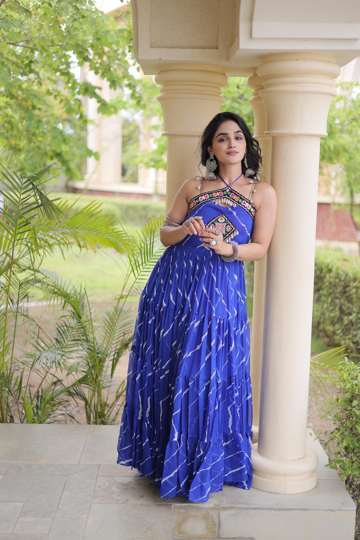 Navy Blue Faux Georgette Lehariya Print & Kutchi Patchwork Navratri Gown