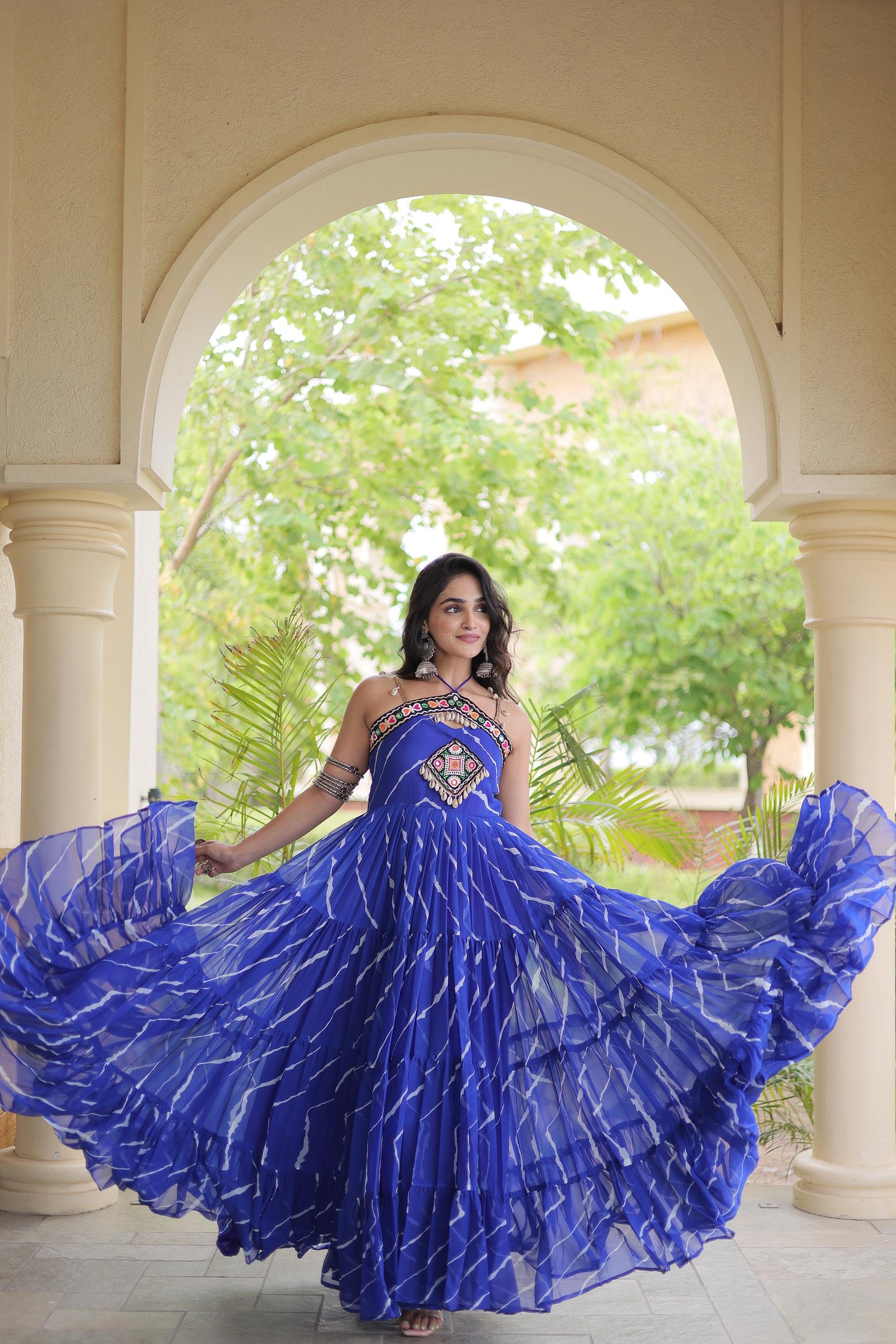 Navy Blue Faux Georgette Lehariya Print & Kutchi Patchwork Navratri Gown