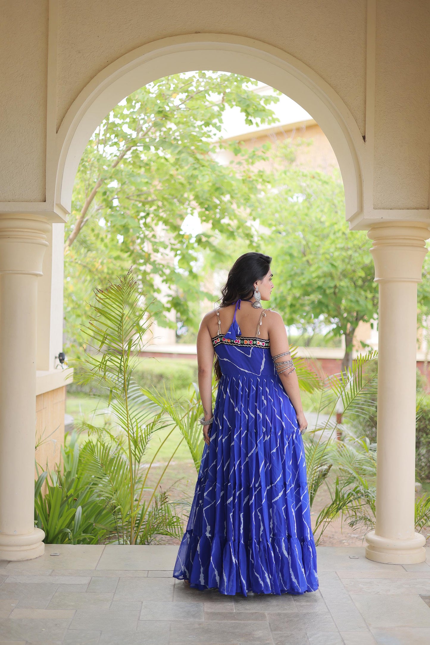 Navy Blue Faux Georgette Lehariya Print & Kutchi Patchwork Navratri Gown