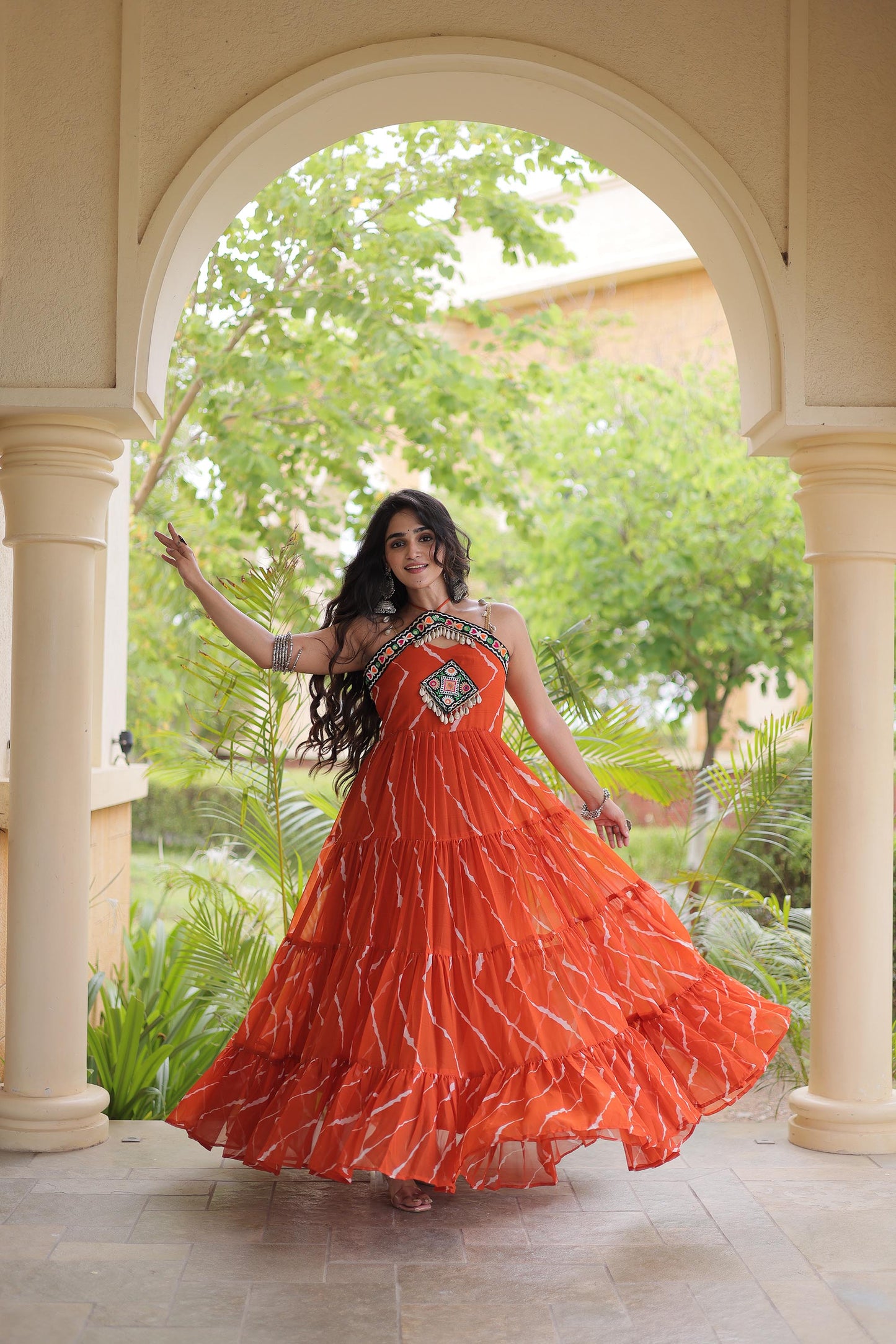 Orange Faux Georgette Lehariya Print & Kutchi Patchwork Navratri Gown